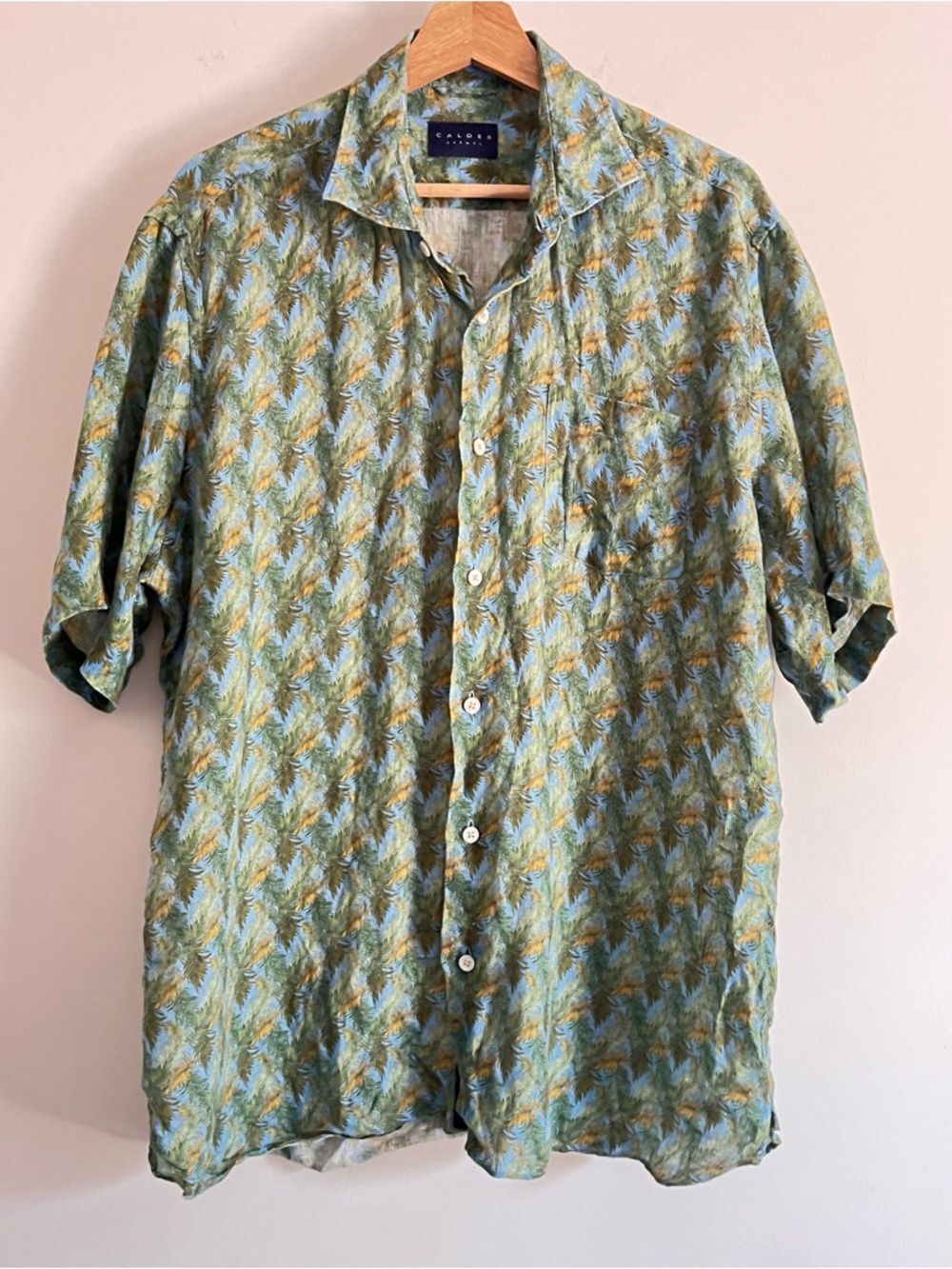 Calder Carmel Green Tropical Print Mens Size Large 100% Linen shirt